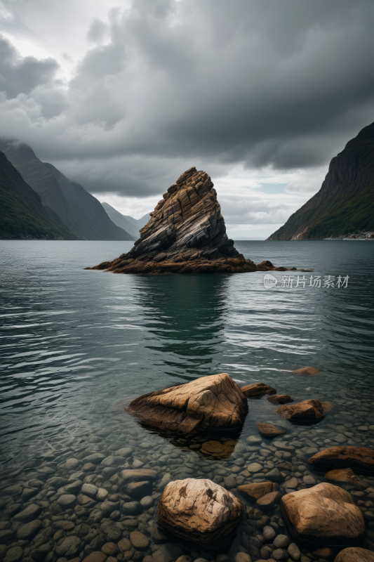 水中央一块大岩石高清风景图片