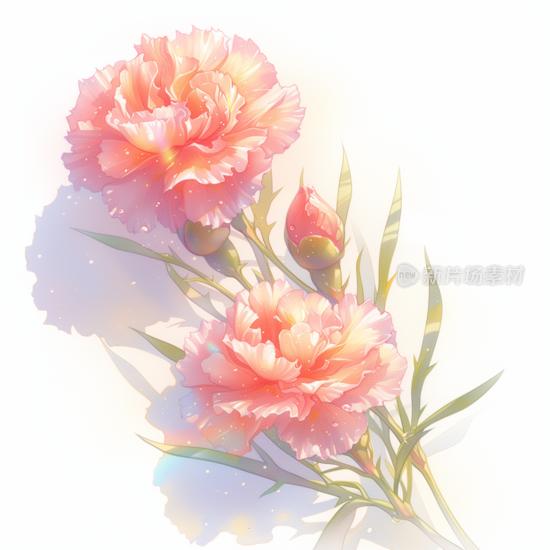 唯美水彩花卉图案AIGC插画浅粉色康乃馨