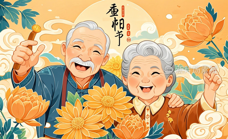 重阳节创意插画老人菊花