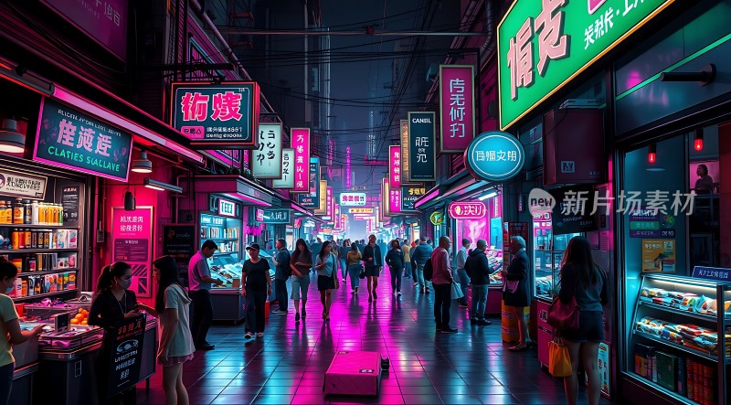 霓虹灯下的繁华夜市
