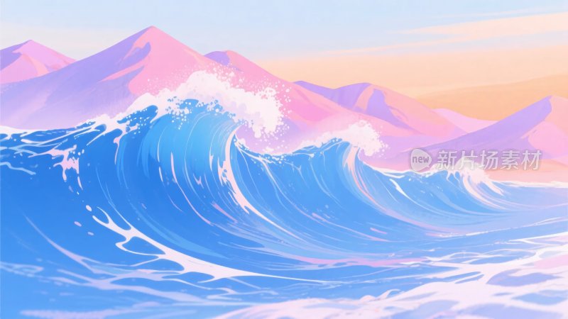海浪与远山的梦幻插画