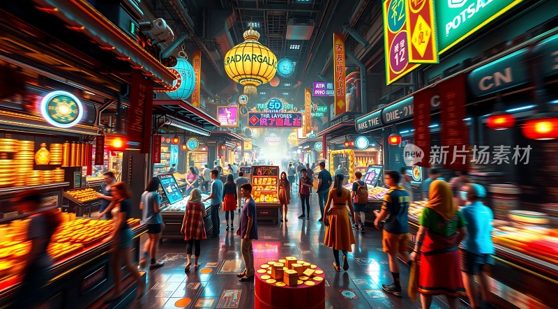 繁华夜市霓虹闪烁热闹非凡