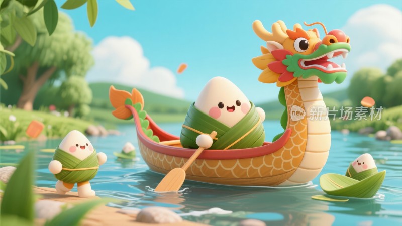 卡通Q版 传统节日端午节 粽子龙舟比赛