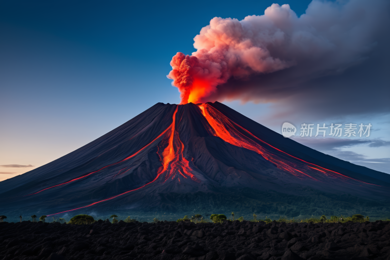 火山熔岩和熔岩从其顶部倾泻而下风景图片