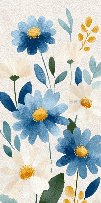 蓝白花卉插画图案