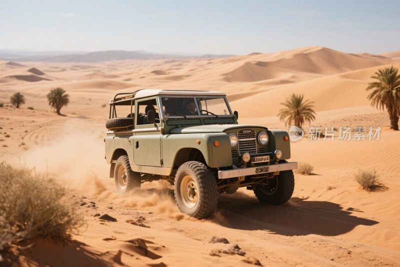 沙漠中行驶的复古越野车