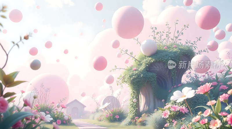 梦幻仙境粉色气球与绿色草地