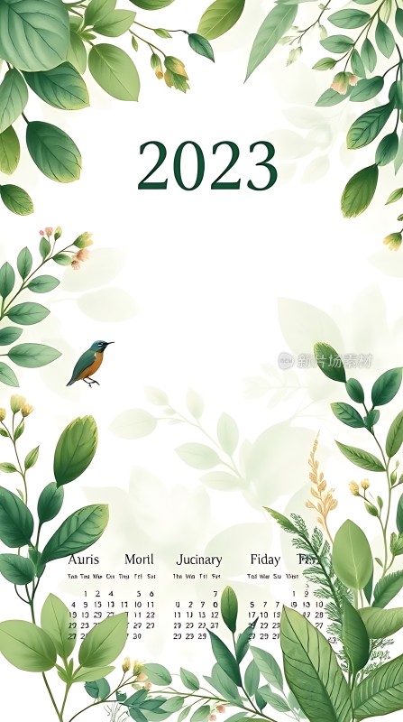2023年日历绿色植物环绕小鸟点缀