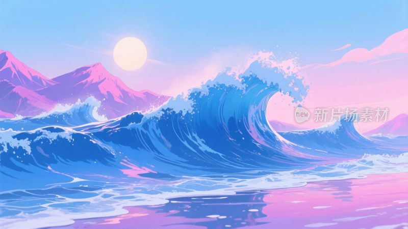 梦幻海浪与远山落日景象