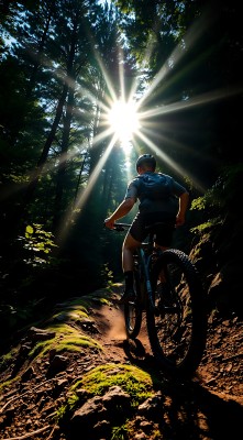 阳光下的骑行者穿越森林小径 阳光下的骑行者穿越森林小径