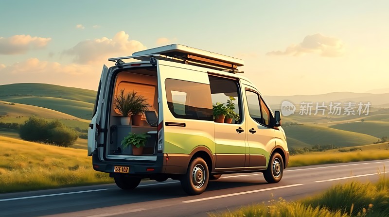 露营车在日落时分的公路旅行