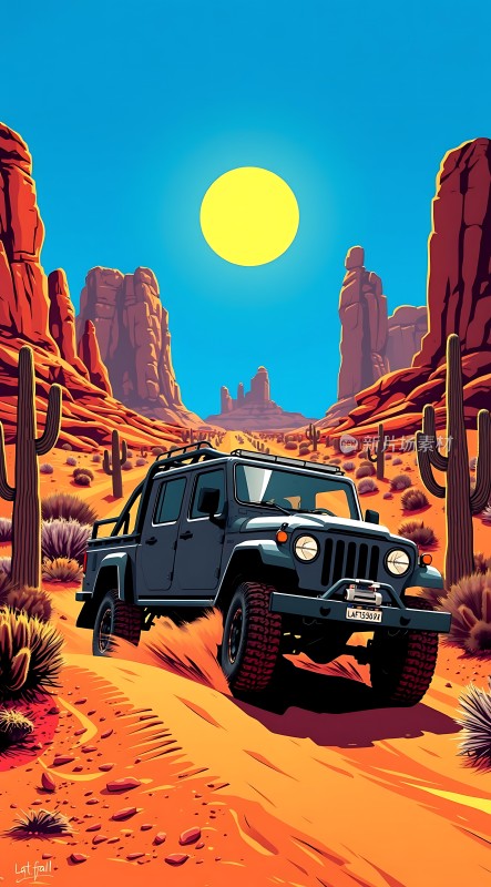 沙漠探险之旅 Jeep穿越阳光下的峡谷