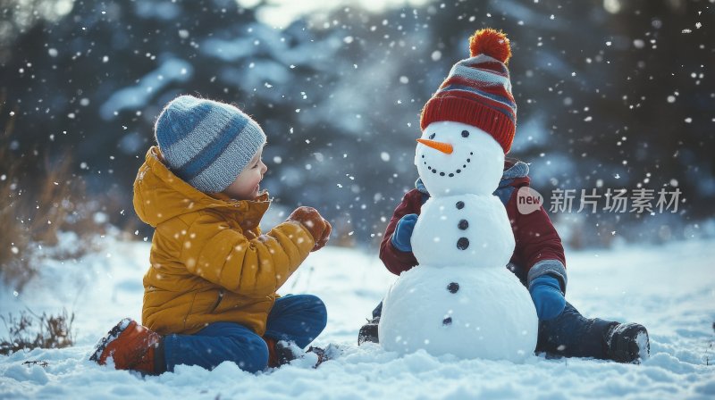 雪地堆雪人冬天下雪小孩儿童嬉戏