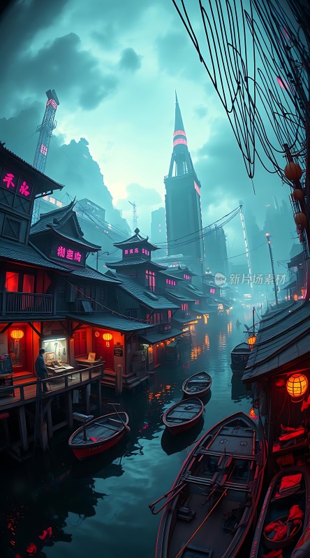 霓虹古街灯火阑珊映水乡