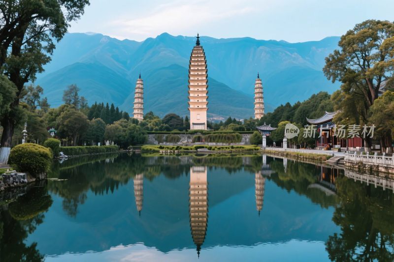 三塔倒影古建风光