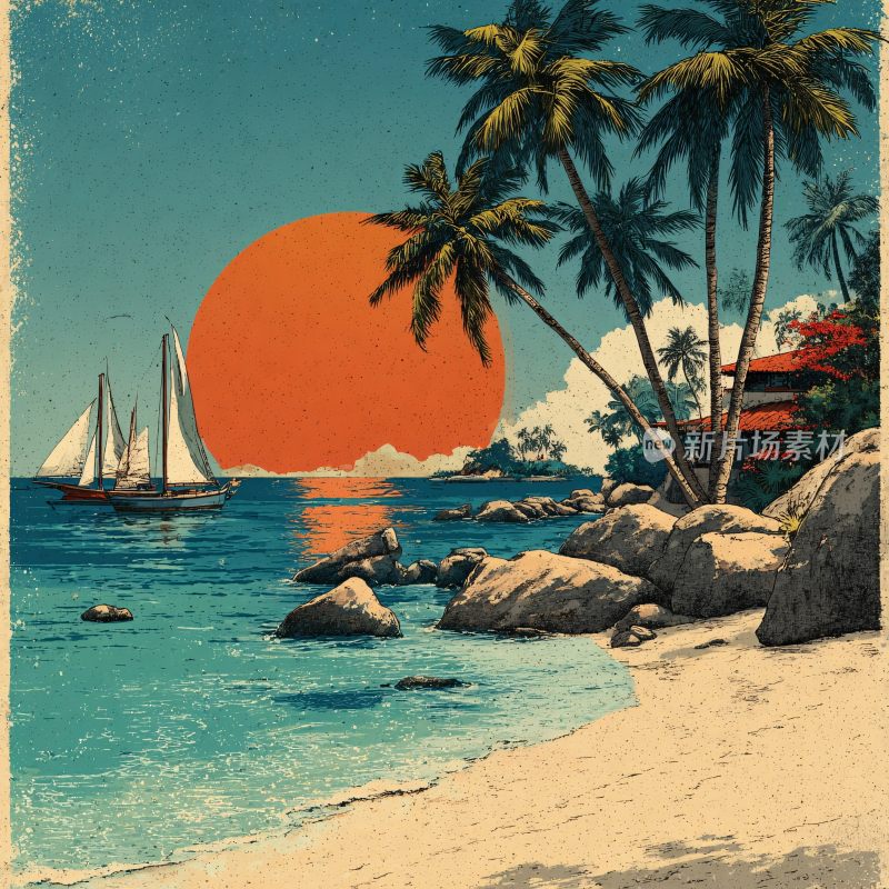 夕阳下的海边风景插画