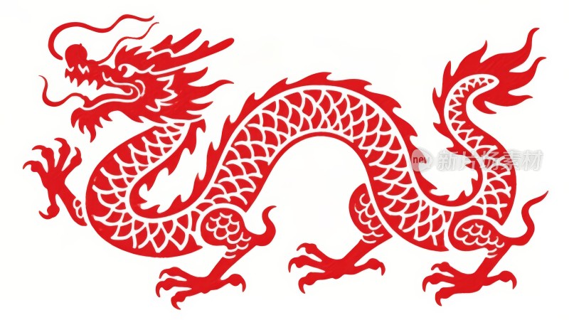 红色中国龙，龙年春节艺术剪纸龙纹