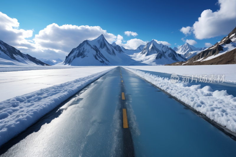 雪山中央有黄线的雪路高清图片