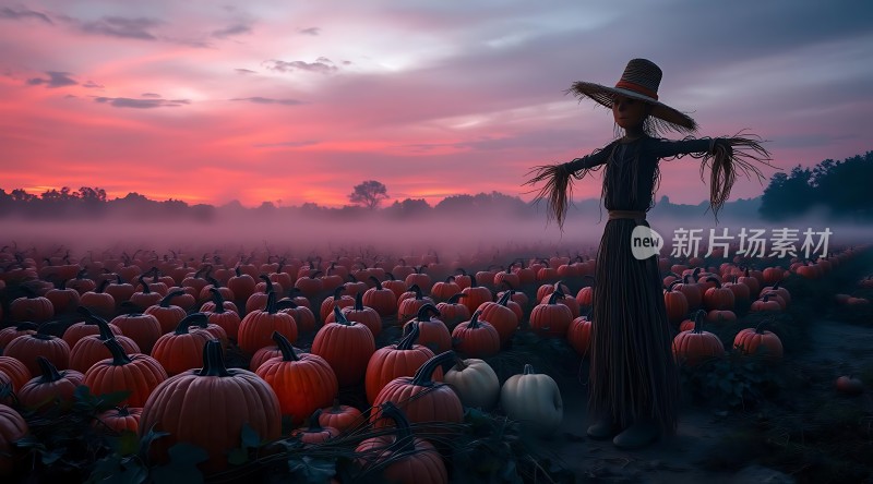 秋日南瓜地上的稻草人