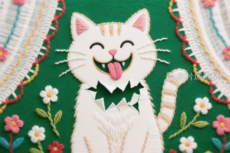 可爱猫咪刺绣插画