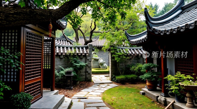 古风庭院石径通幽处绿意盎然间