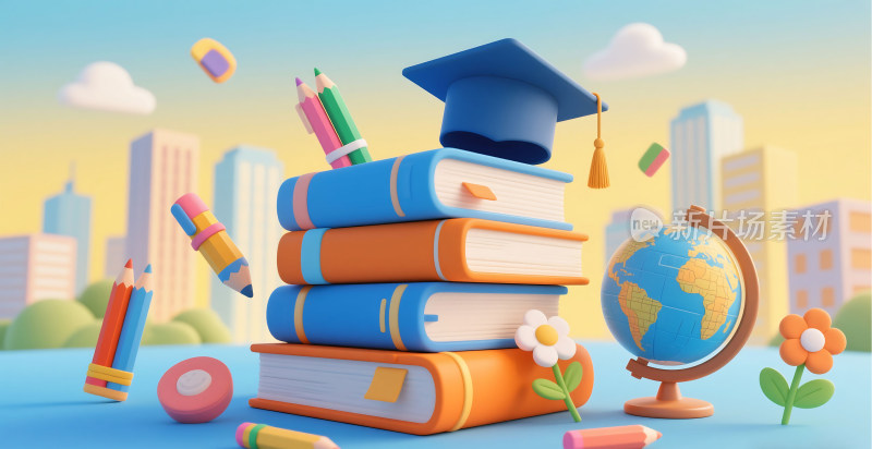 3D卡通毕业季书籍与学士帽