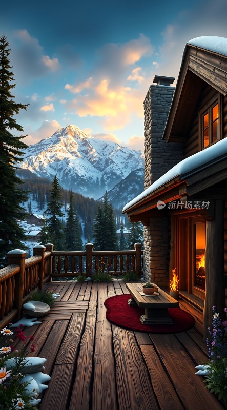 雪夜山居木屋温馨火炉旁享受宁静时光
