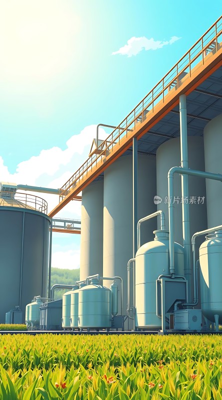 蓝天下的绿色田野与工业设施和谐共存