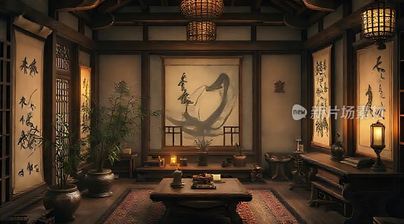 古风雅室水墨画与书法共舞古典韵味扑面而来