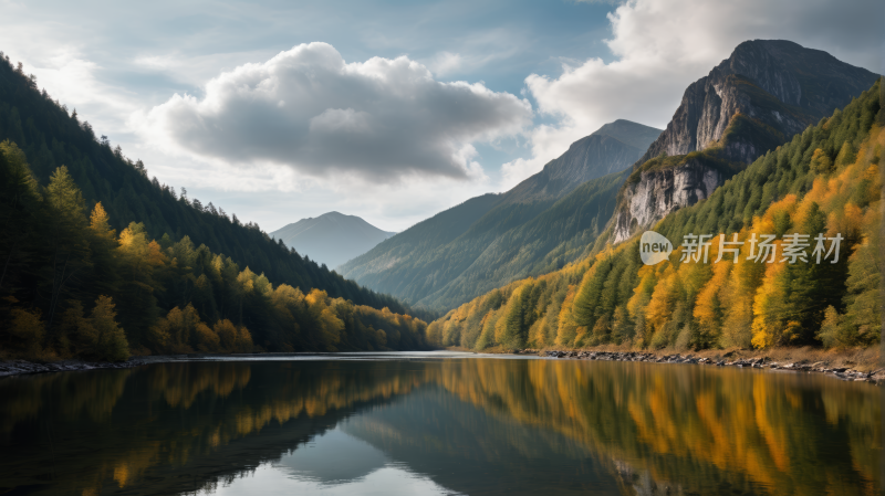 山倒映在树木环绕的湖水中风景图片