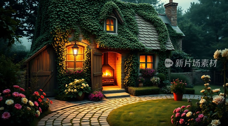 温馨小屋夜晚灯光下的宁静家园
