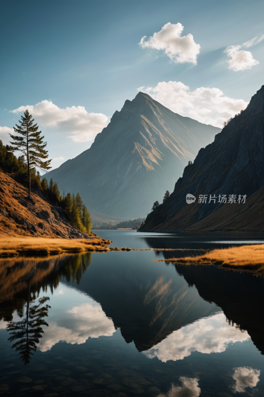 山倒映一个有几棵树的湖里高清风景图片