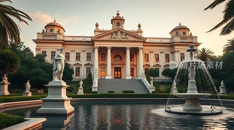 日落下的宏伟宫殿与喷泉雕像