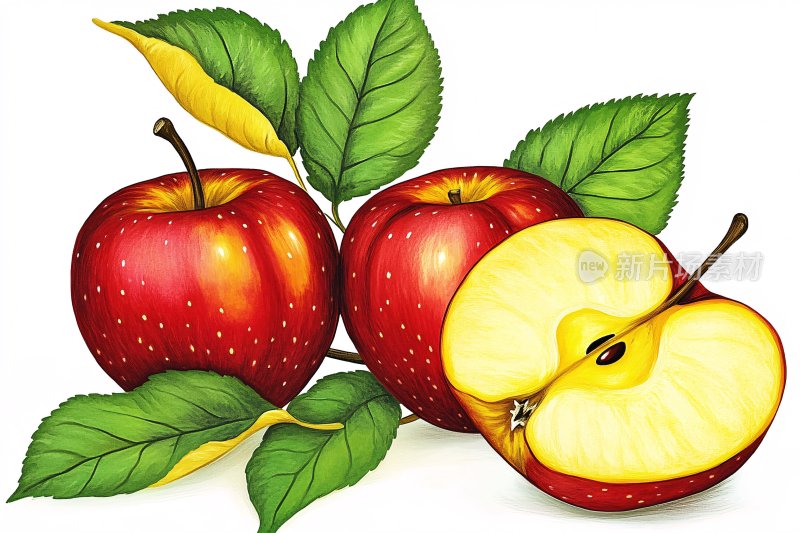 插画风格的红苹果与绿叶