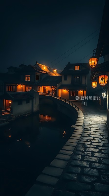 古街夜色灯火阑珊映水乡