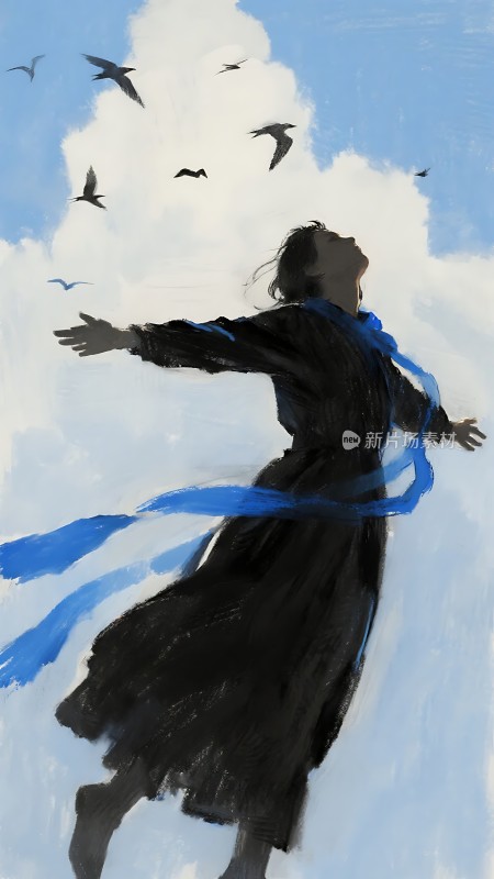 蓝天白云下女子张开双臂蓝色丝带随风飘扬鸟儿翱翔于天际