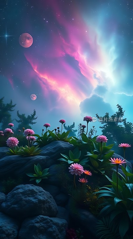 夜空下的梦幻花海