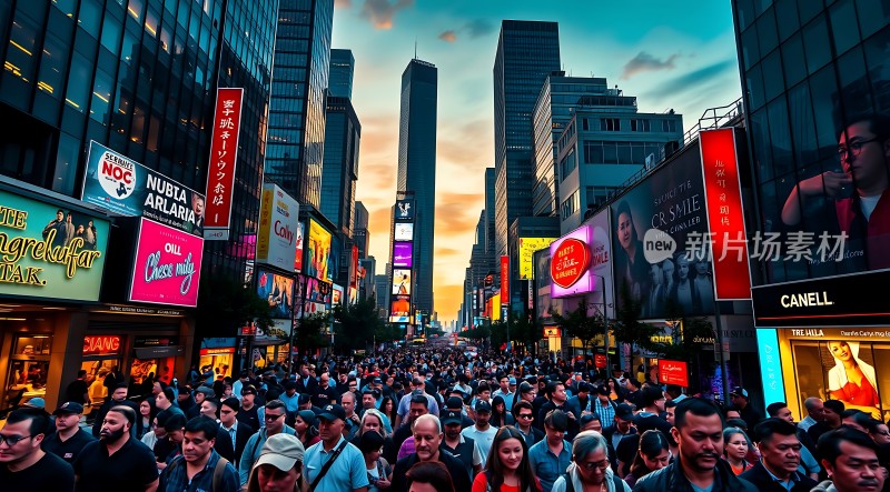 繁华都市街头人群熙攘霓虹闪烁高楼林立