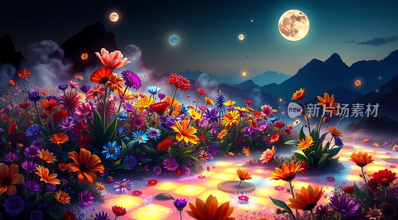 夜空下的梦幻花海