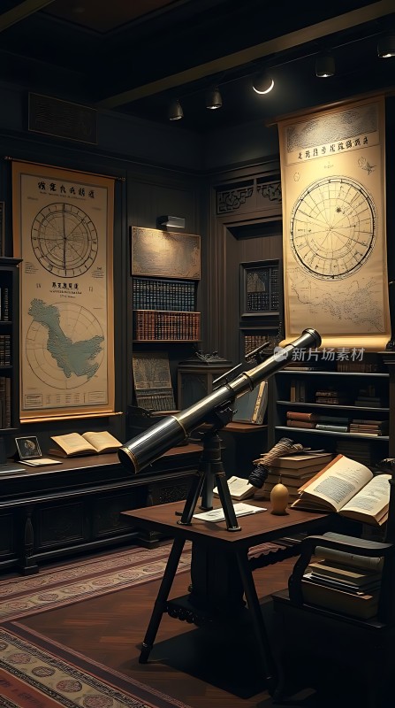 古董天文望远镜与古老地图