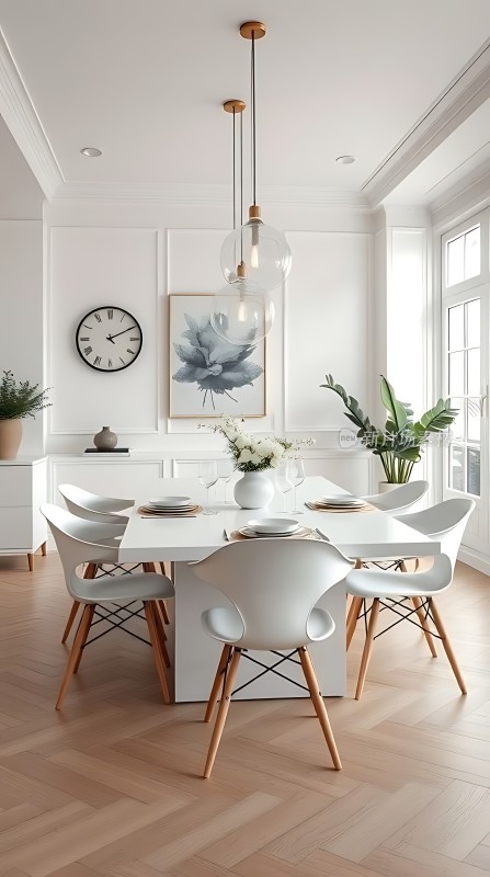 简约现代餐厅设计白色餐桌椅搭配绿色植物营造温馨氛围