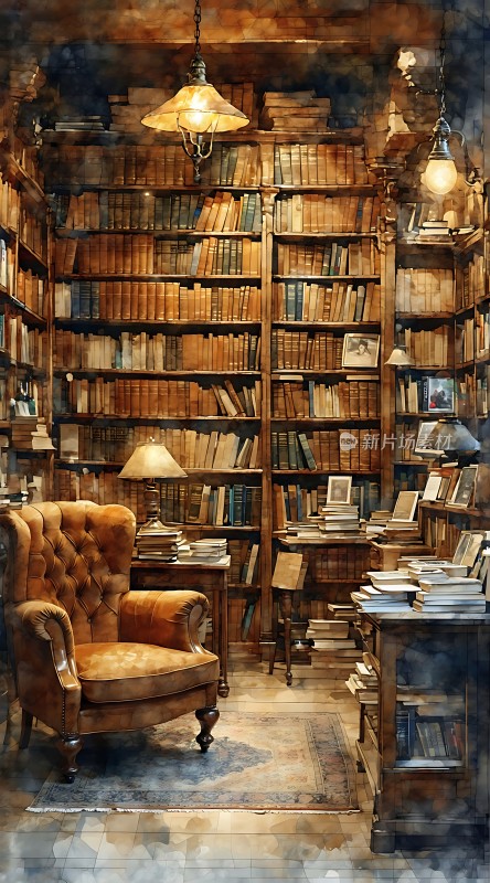 古旧书架与皮椅