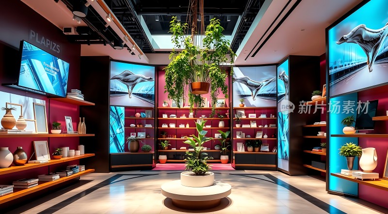 现代家居展示空间绿植环绕时尚装饰品陈列其中