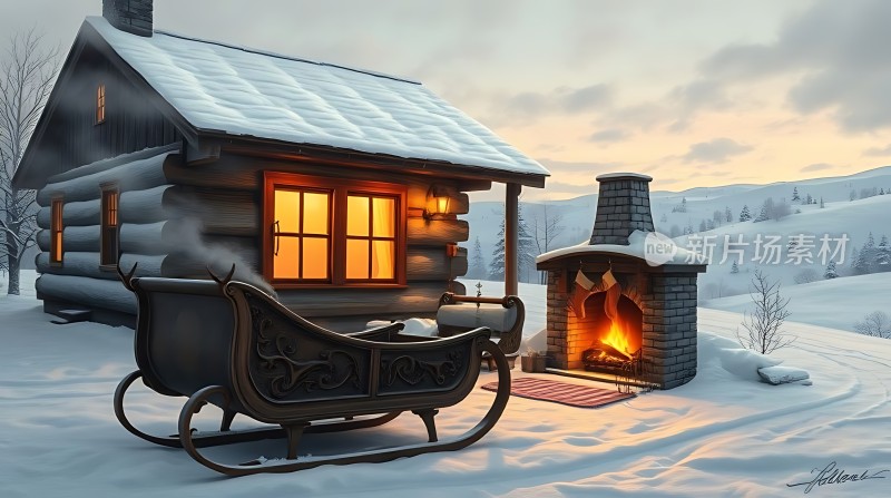 雪夜小木屋温馨圣诞场景