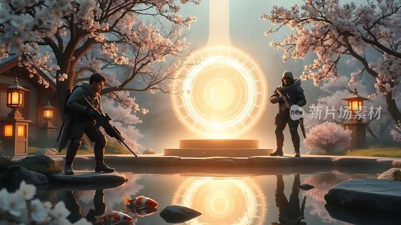 樱花树下战士对峙神秘光圈