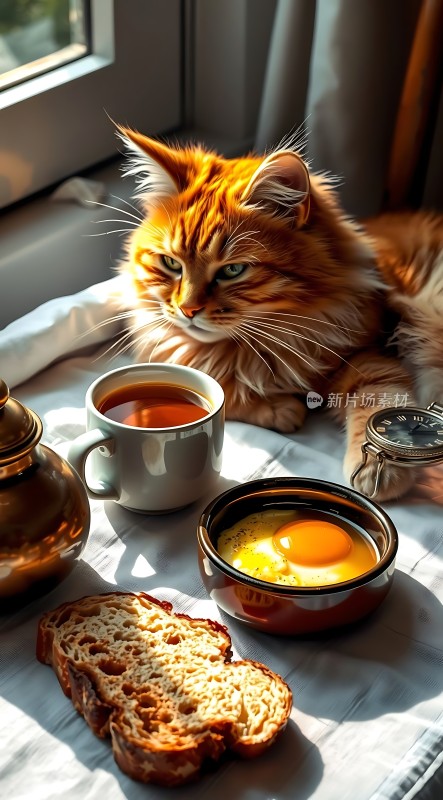 阳光下的橘猫与早餐