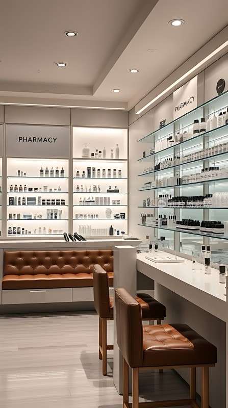 现代药房整洁明亮的空间整齐排列的药品和舒适的座椅