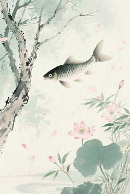 中国传统水墨画鳟鱼荷花图 中国传统水墨画鳟鱼荷花图