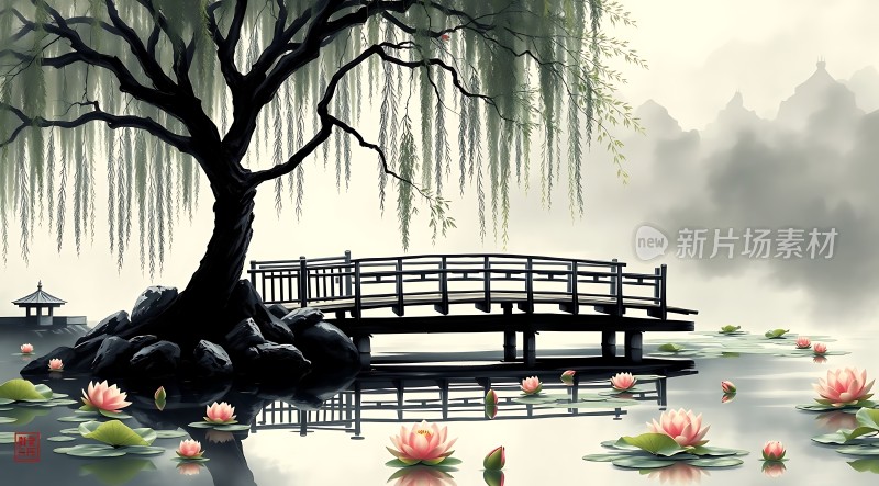 湖畔柳桥映荷花