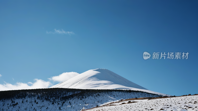 一座白雪皑皑山上面有几棵树高清图片